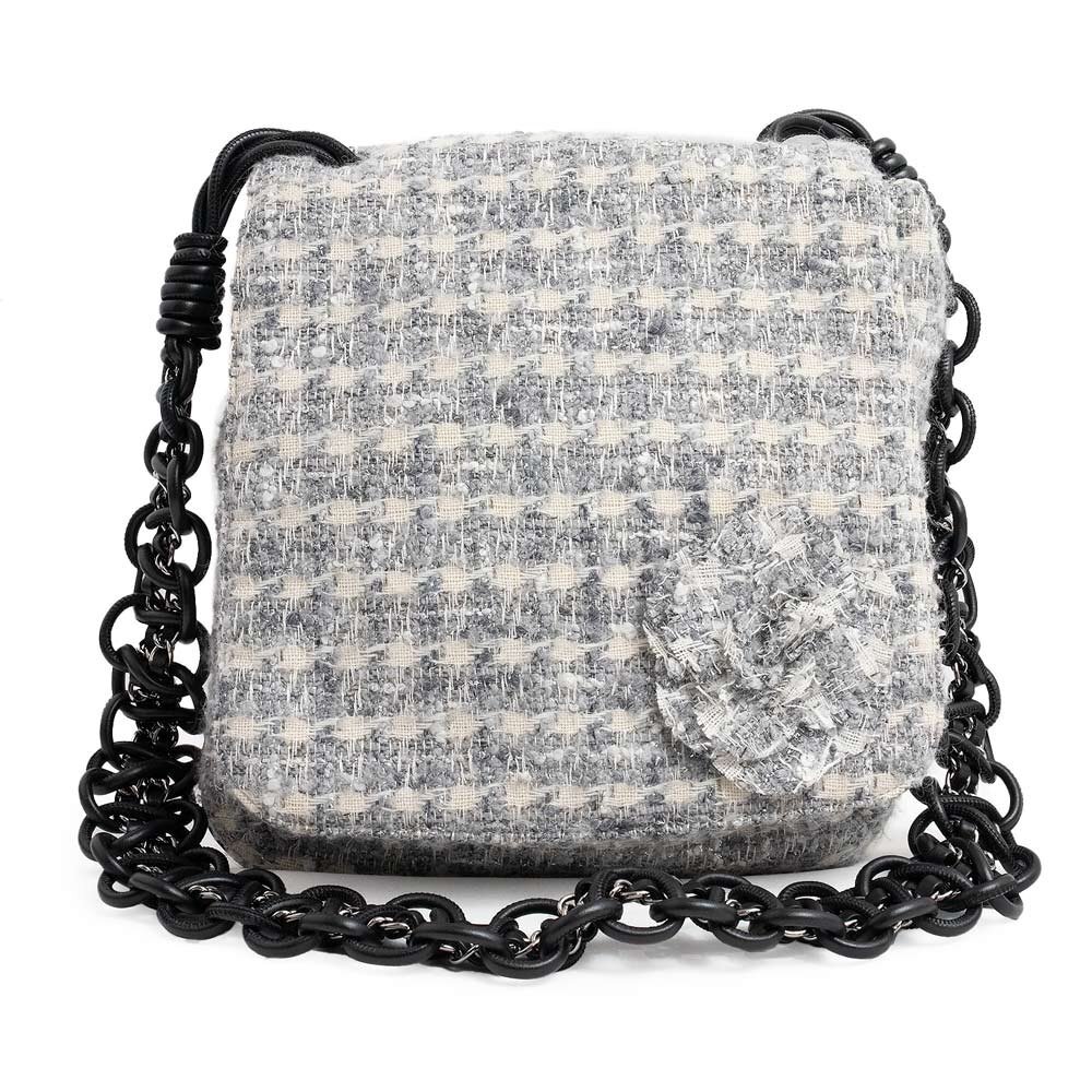 （美品）シャネル CHANEL カメリア レザー チェーン ショルダーバッグ 斜め掛け ツイード グレー A30216