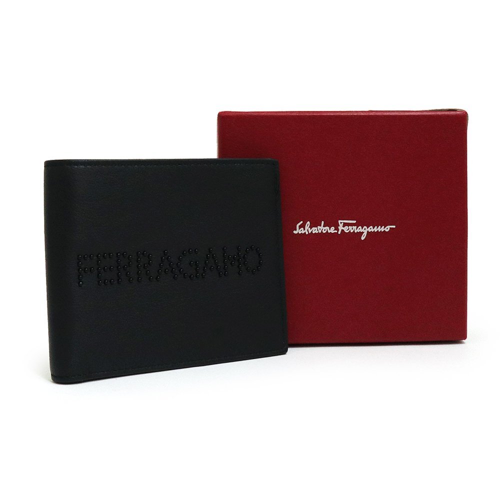 （新品・未使用品）サルヴァトーレフェラガモ Salvatore Ferragamo ロゴ 二つ折り財布 札入れ カーフスキン レザー ブラック 66A376 箱付_画像2