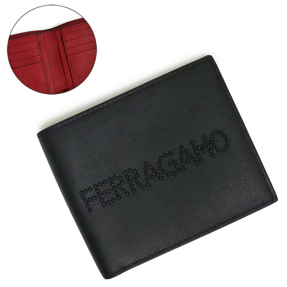 （新品・未使用品）サルヴァトーレフェラガモ Salvatore Ferragamo ロゴ 二つ折り財布 札入れ カーフスキン レザー ブラック 66A376 箱付_画像1