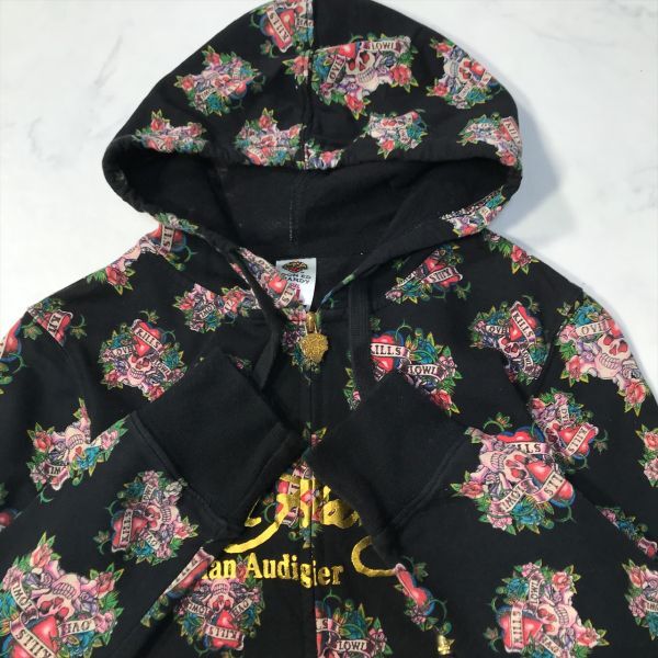 《良品◎》ED HARDY エドハーディー★スカル柄*総柄*ビッグロゴ*フーデットジップアップパーカー*ブラック/ゴールド*サイズXL(LA1765)◆S60_画像3