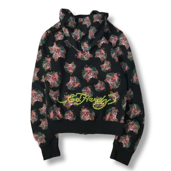 《良品◎》ED HARDY エドハーディー★スカル柄*総柄*ビッグロゴ*フーデットジップアップパーカー*ブラック/ゴールド*サイズXL(LA1765)◆S60_画像2