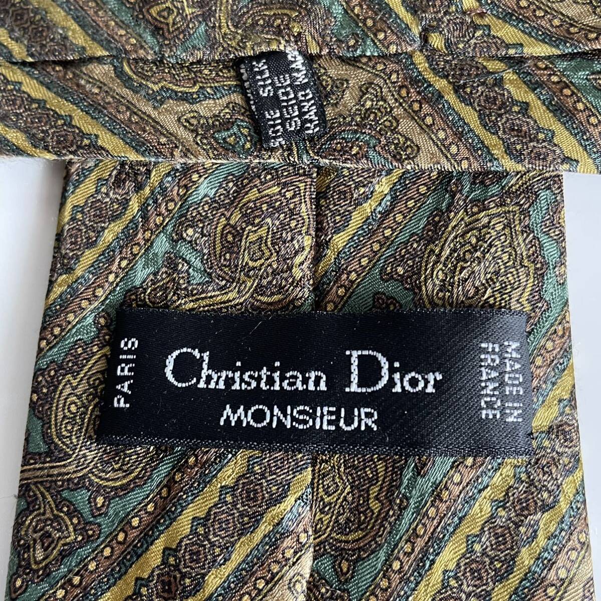 Christian Dior(クリスチャンディオール) 茶緑柄ワンポイントロゴストライプネクタイ_画像1