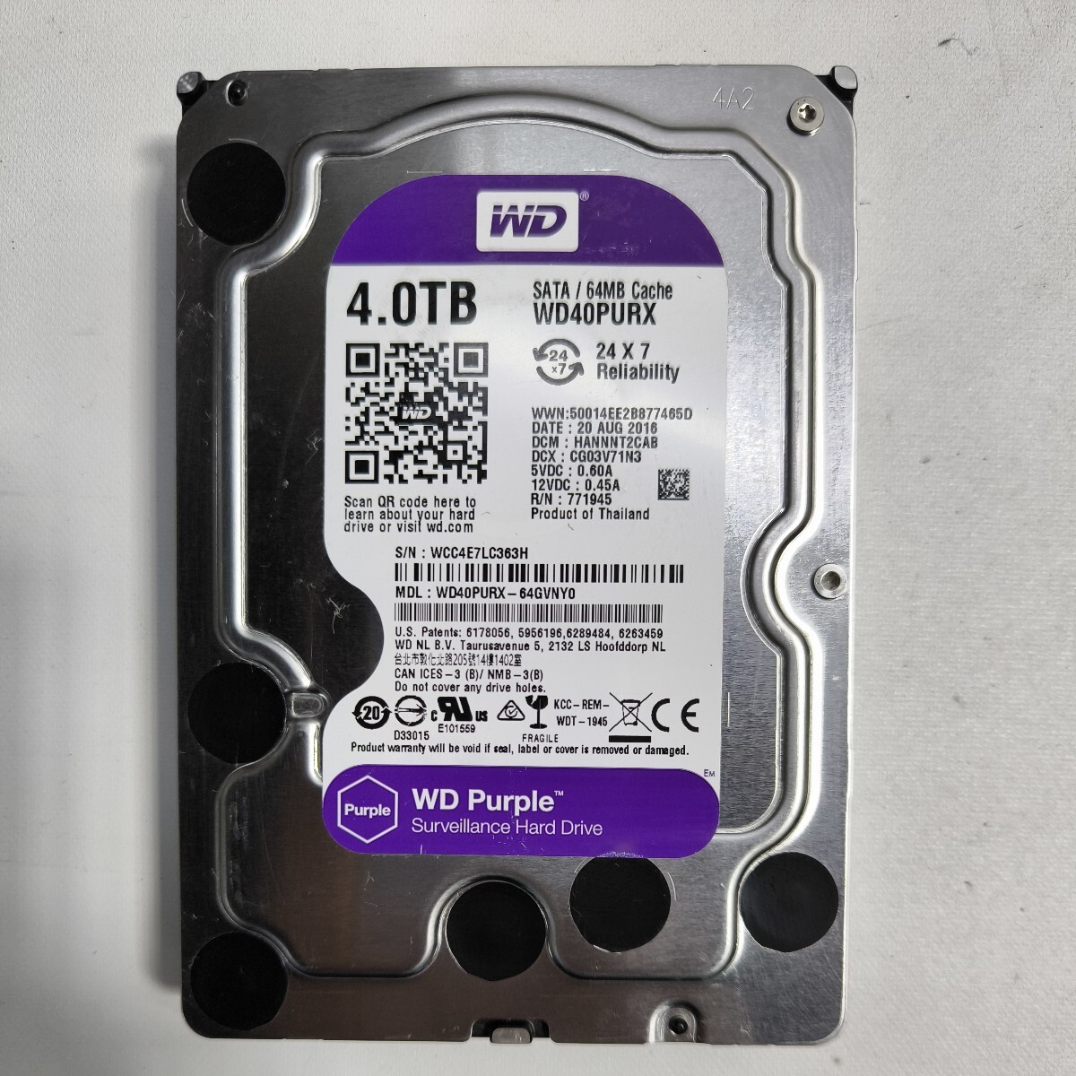 「45」WD Purple 　WD40PURX 4TB　SATA 3.5インチ/HDD（使用50348）_画像1