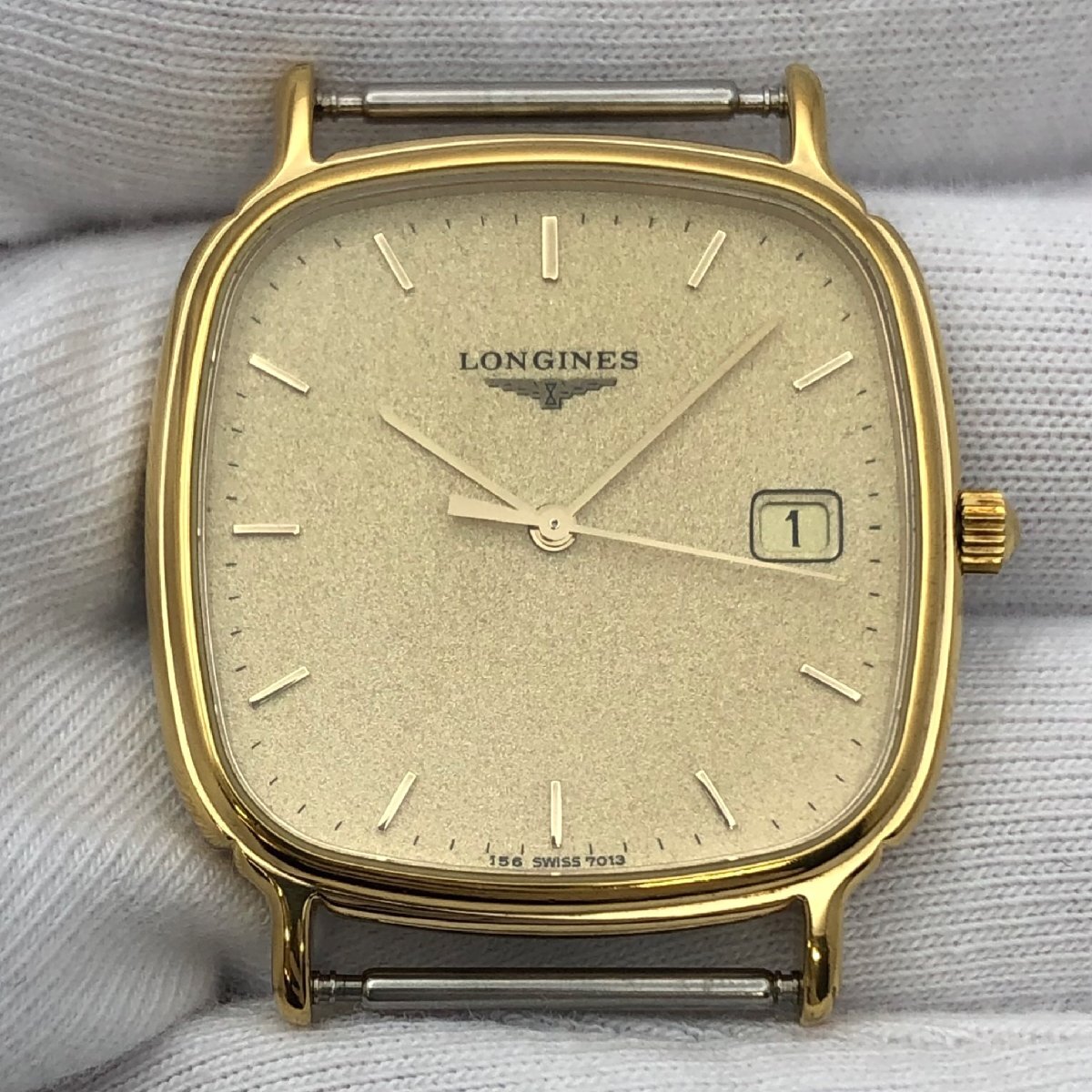 1円～/LONGINES/ロンジン/156 SWISS 7013/3針/デイト/ゴールド文字盤/ゴールドカラー/スクエア/クォーツ/メンズ腕時計/ジャンク/T098_画像3