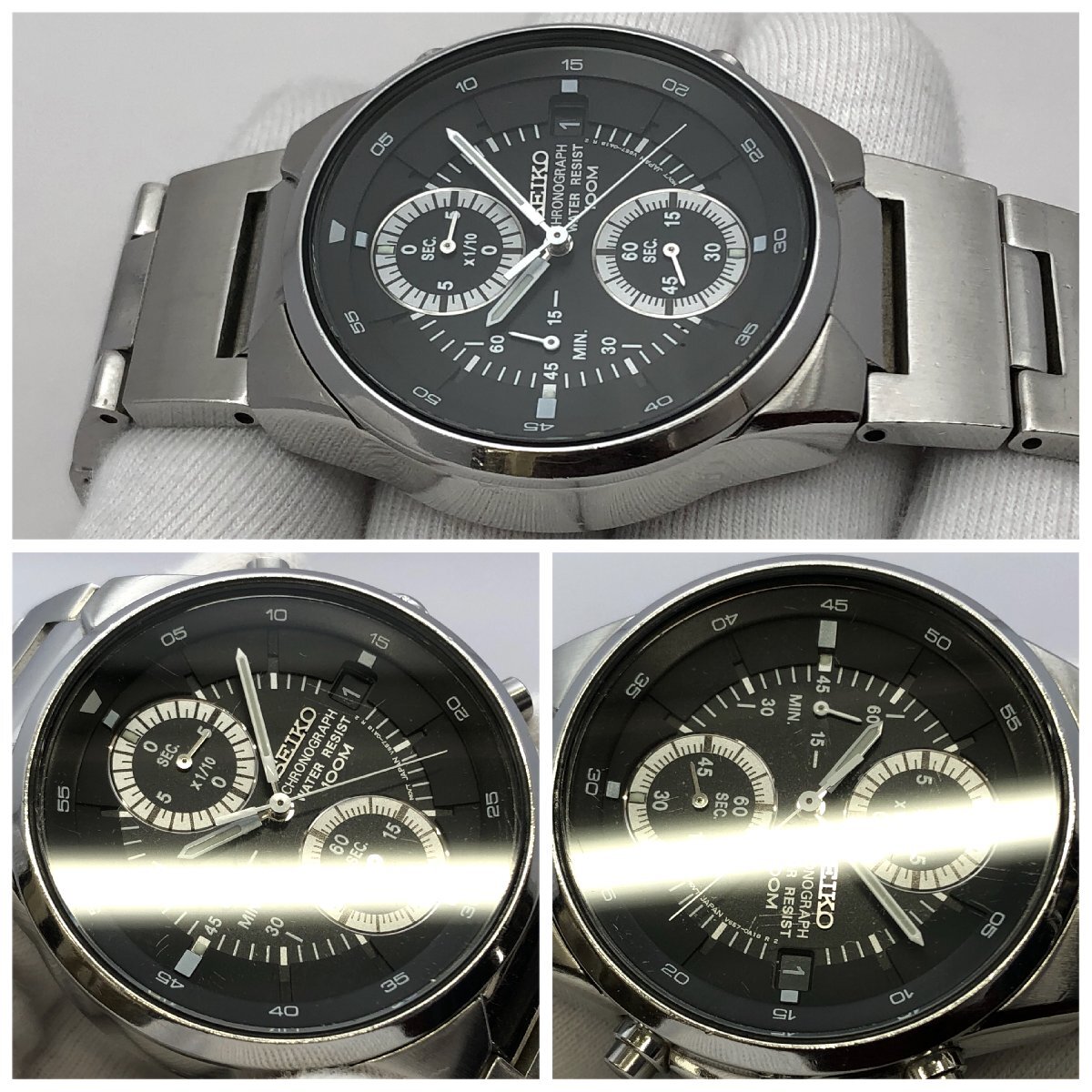 1円～/SEIKO/セイコー/クロノグラフ/V657-0A10/デイト/黒文字盤/シルバーカラー/ラウンド/100M/クォーツ/メンズ腕時計/ジャンク/T150_画像6