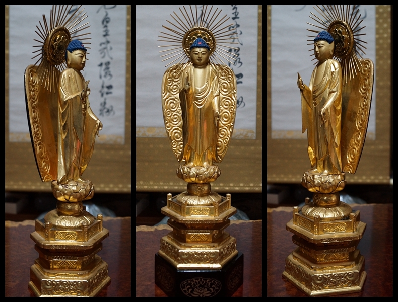 【閑】木製 金箔塗 細工彫『阿弥陀如来立像』六角台座 仏像 高約40㎝ 6C0328_画像5