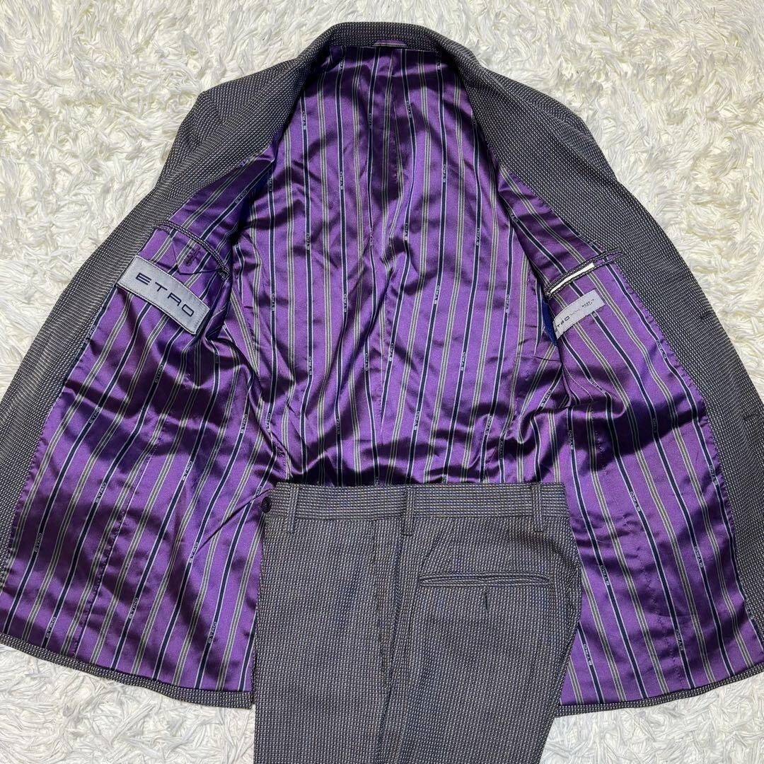 極美品 Lサイズ ETRO エトロ スーツ セットアップ ストライプ チャコール グレー 裏地 総柄 パープル 紫 ビジネス メンズ 紳士服 2Bの画像3