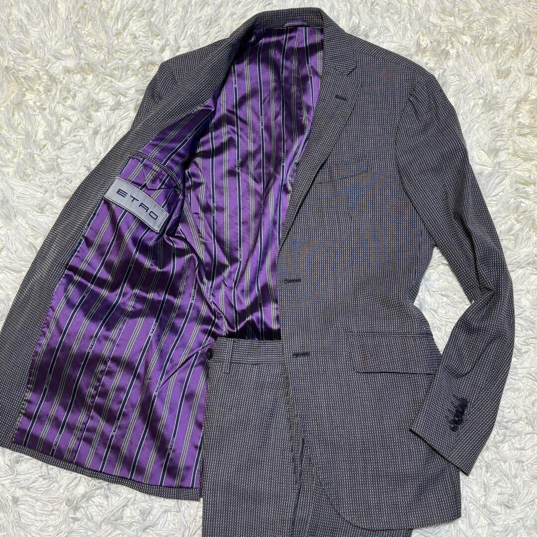 極美品 Lサイズ ETRO エトロ スーツ セットアップ ストライプ チャコール グレー 裏地 総柄 パープル 紫 ビジネス メンズ 紳士服 2Bの画像4