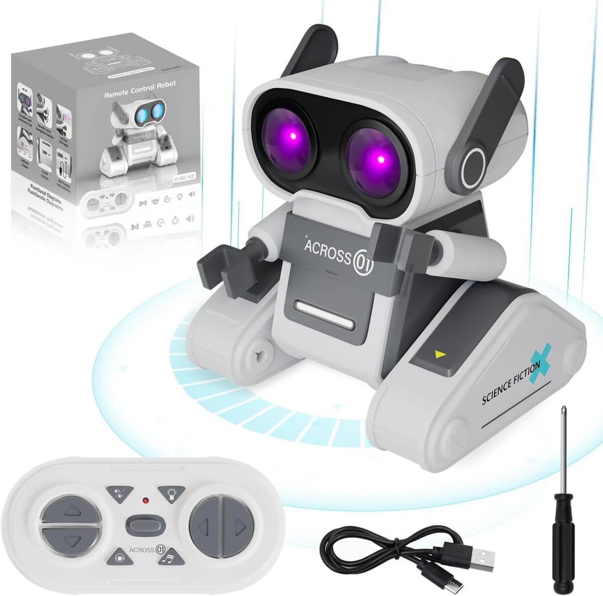 ホワイト 電動ロボット おもちゃ ラジコンロボット 2.4GHz 360°回転 LEDライト 音楽 デモ 多機能ロボット USB充_画像1