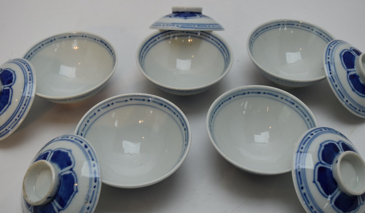 旧家 蔵出し 伊万里? 磁器 染付 藍 蓋付茶碗 飯碗 5客 骨董 アンティーク 年代物 和食器_画像3