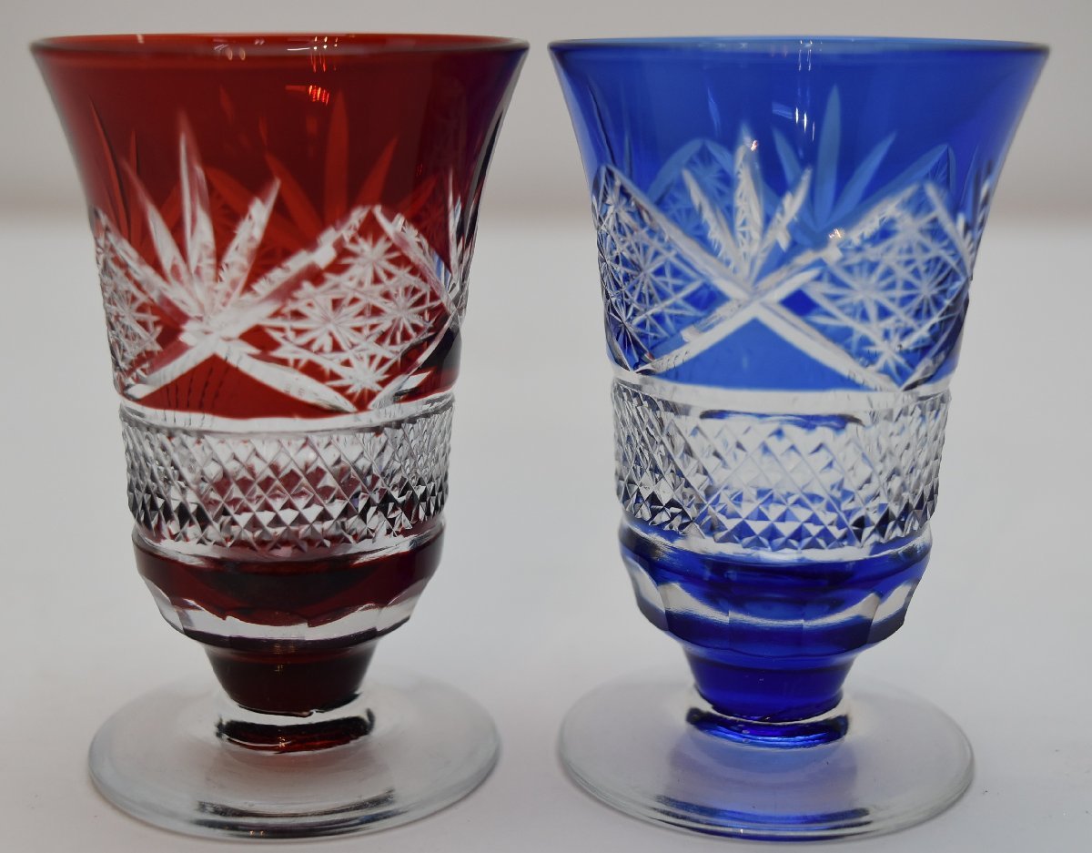 切子 グラス ペアグラス ガラス工芸 ブルー レッド ゴブレット 保管品の画像1