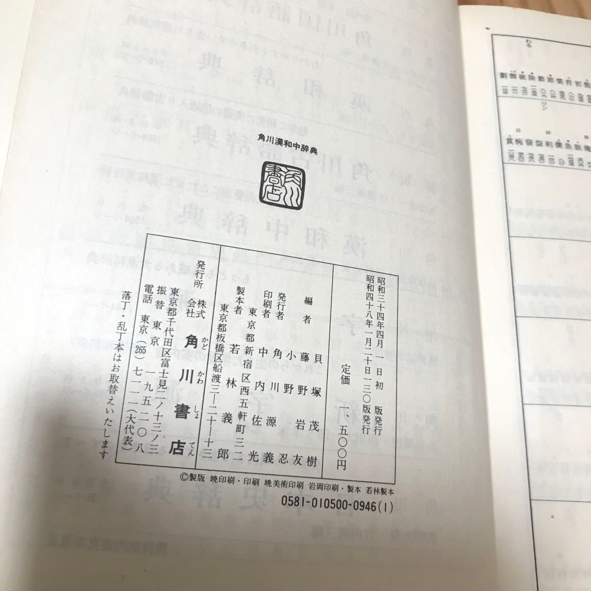 古本　角川書店 角川　漢和中辞典　昭和48年　　130版　貝塚茂樹 藤野岩友 小野忍