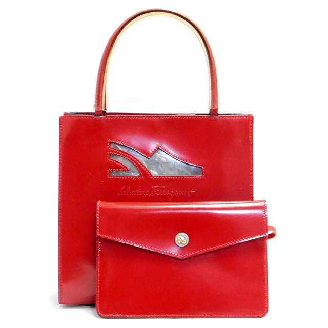 美品Ferragamoフェラガモ ハンドバッグ ミニトートバッグ ポーチ付き レザー 赤 イタリア製の画像1
