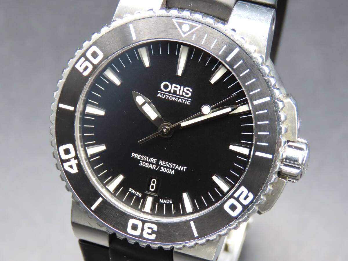 1円～! 稼働品★正規品 ORIS オリス 7653 アクイス 裏スケ 自動巻き デイト ブラックダイヤル 純正ブレス メンズ腕時計 TTKLG5339_画像1