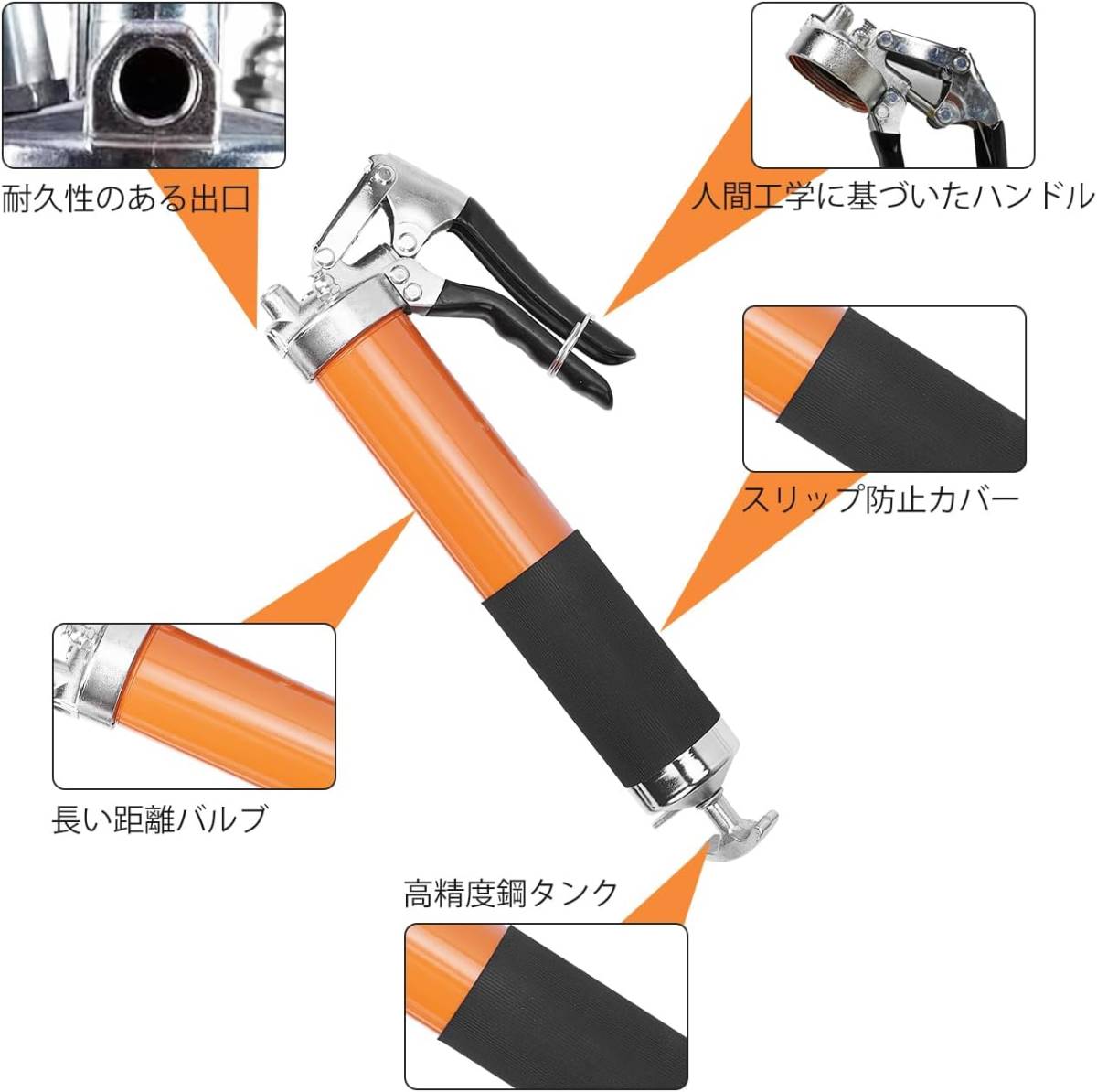 グリースガン カプラー グリスガン グリス 注入器 片手タイプ 8000PSI 400cc大容量 手動高圧 ロッククランプ式 M6/M8/M10の画像2