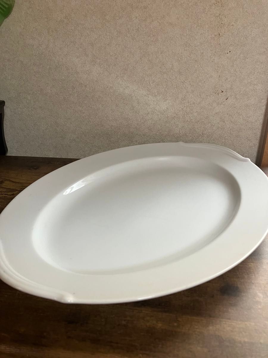 陶器製　楕円形/オーバル型　大皿パーティプレート/焼肉/BBQ（ホワイト/白色）