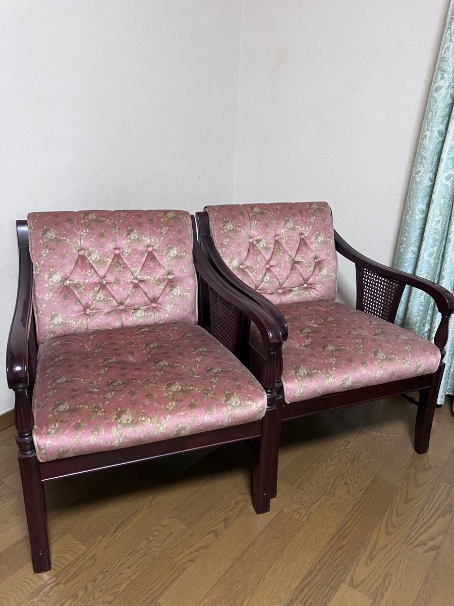 モリシゲ / MORISHIGE/森繁高級リビングアームチェア/椅子 2脚セットの【右側】クラシックテイスト花柄（薔薇）　