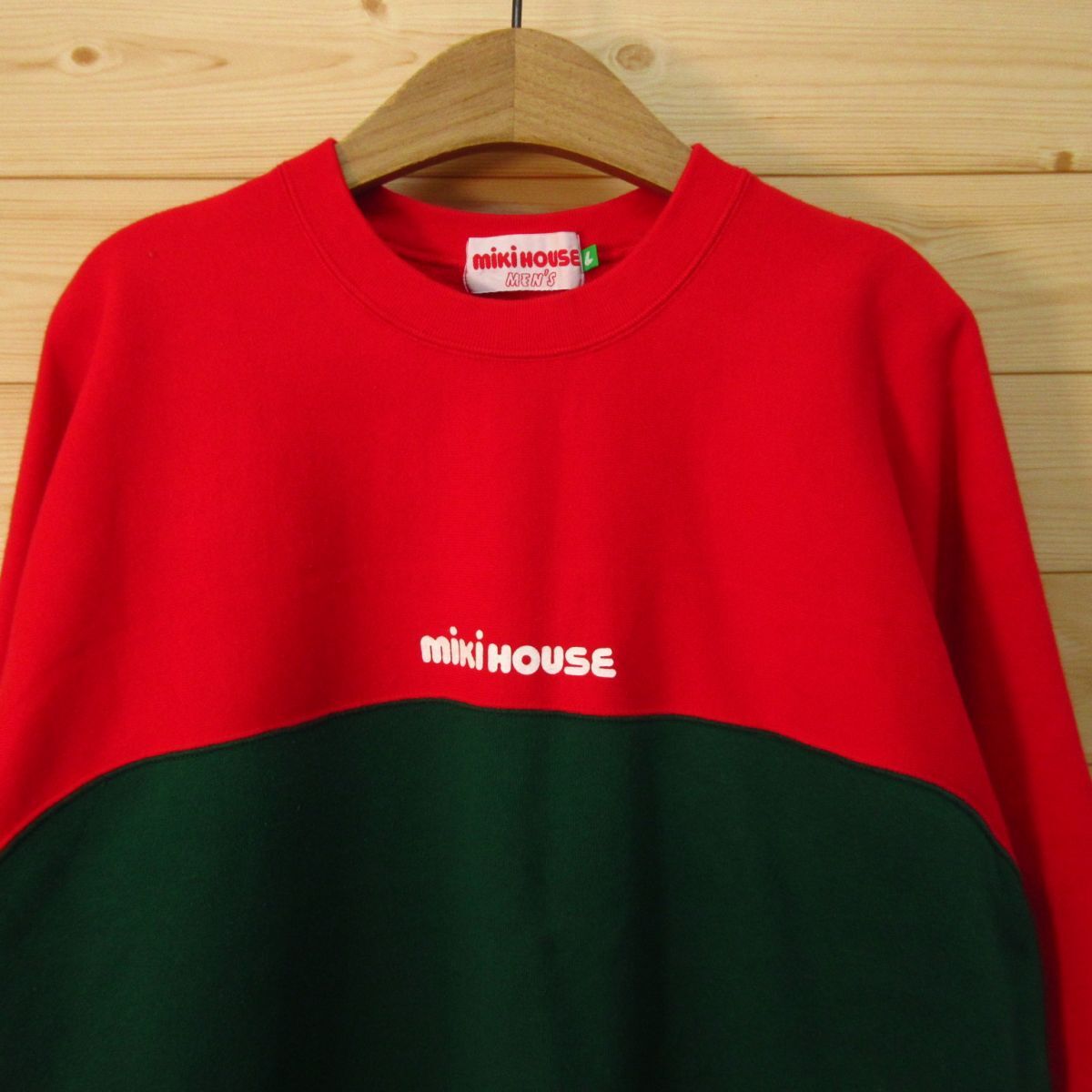 ◎80s 90s！mikihouse ミキハウス 日本製◆スウェット トレーナー エルボーパッチ アーチロゴ ヴィンテージ◆メンズ 赤×緑 Lサイズ◆A4392_画像4