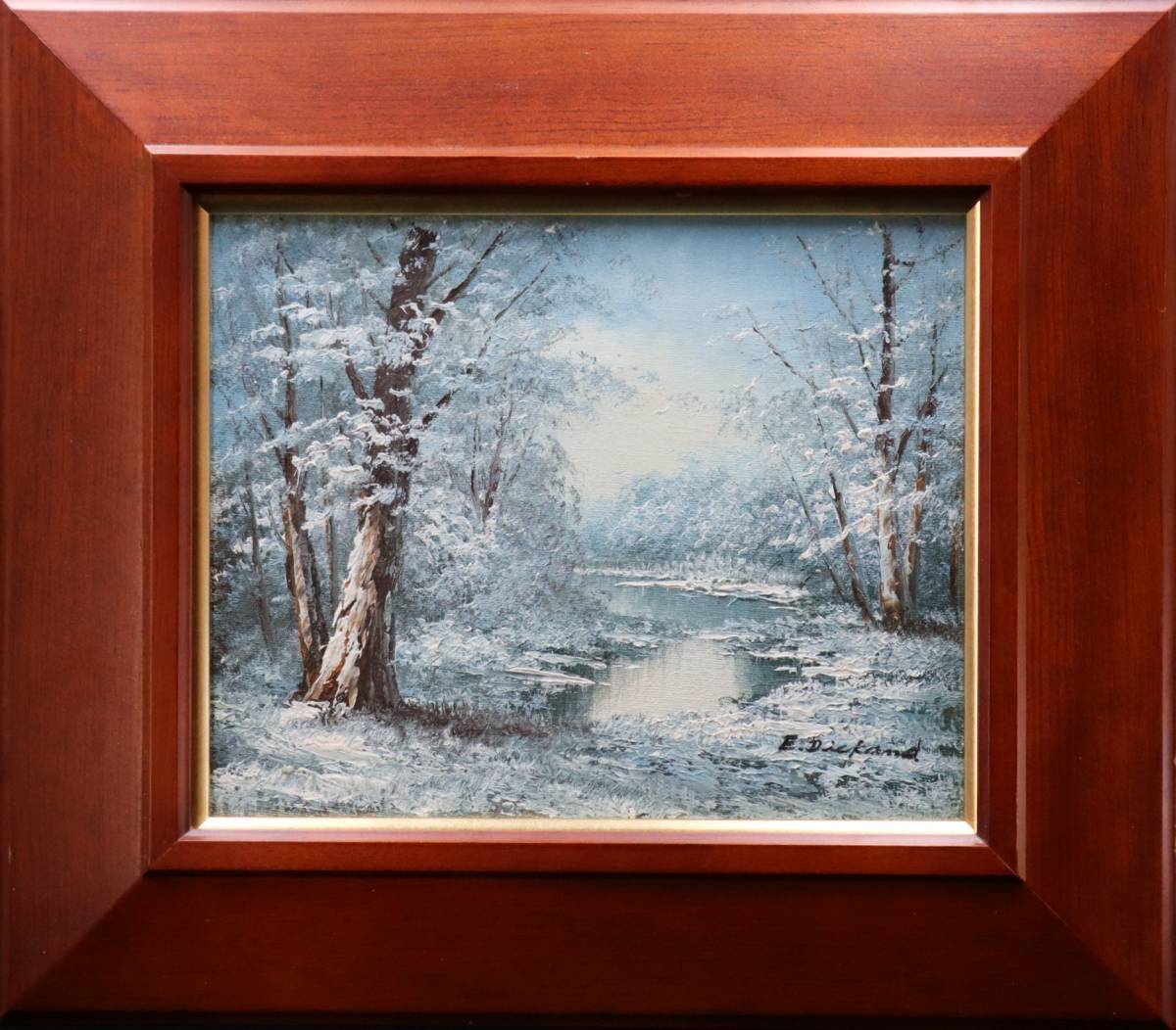 【宙】真作保証 E.Dickand 雪景色風景 油彩 F3号 サイン有 額装 雪が降り積もった森林の水辺から凍てついた空気が感じられる 12F12.i.2.2.D_画像1