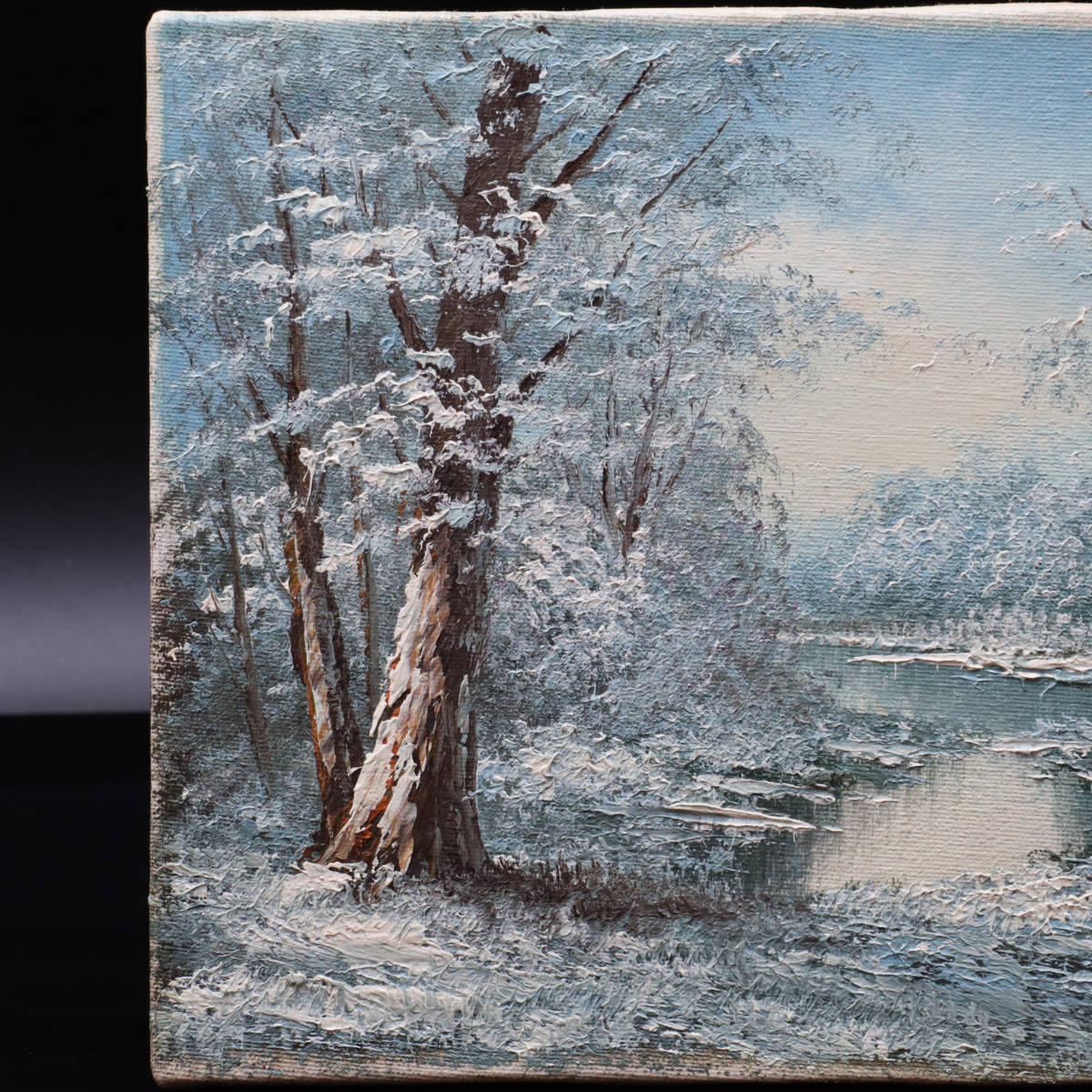 【宙】真作保証 E.Dickand 雪景色風景 油彩 F3号 サイン有 額装 雪が降り積もった森林の水辺から凍てついた空気が感じられる 12F12.i.2.2.D_画像3