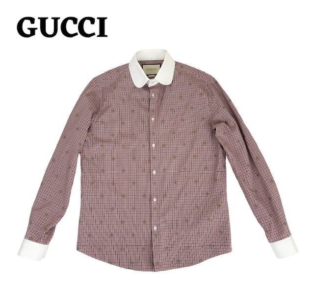 中古 グッチ GUCCI 長袖 シャツ チェック柄 クレリック Duke BEE 蜂 イタリア製 メンズ Mサイズ 相当_画像1