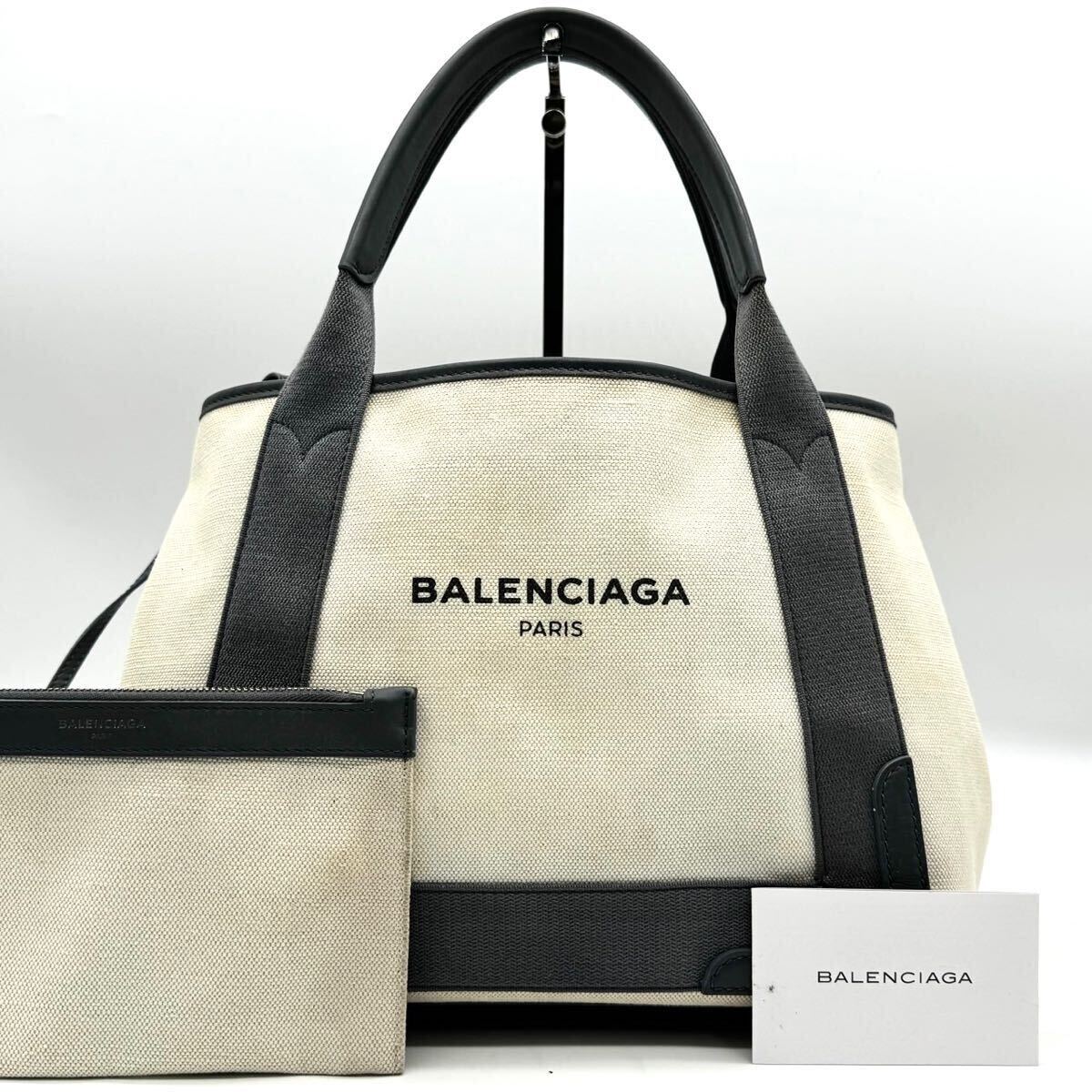 1815【最高峰】BALENCIAGA バレンシアガ トートバッグ ハンドバッグ 手提げ 肩掛け ネイビーカバスS ポーチ付き キャンバス レザー 本革_画像1