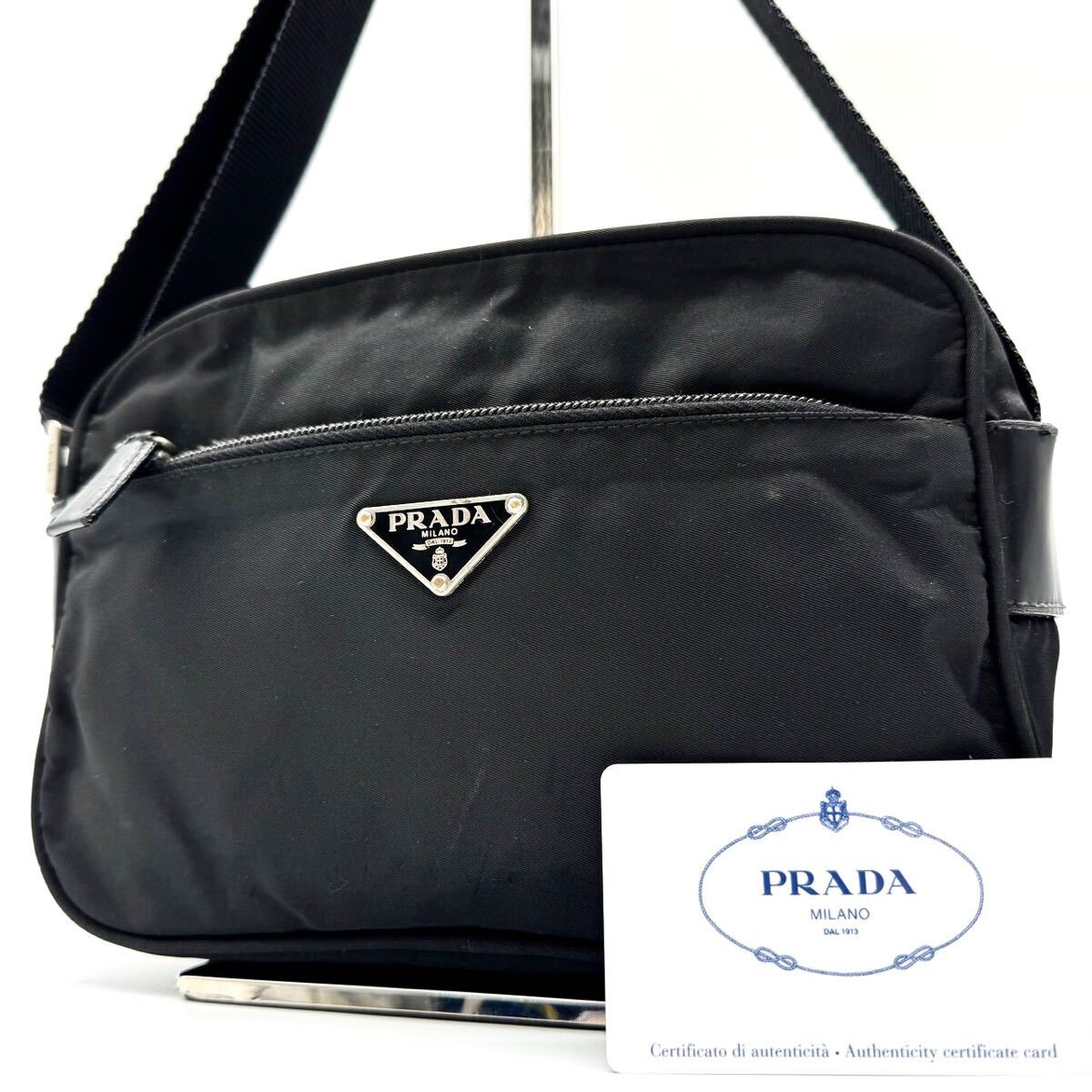 1978【美品】PRADA プラダ ショルダーバッグ ポシェット カメラバッグ 斜め掛け ポコノ 三角ロゴプレート テスートナイロン レザー 本革