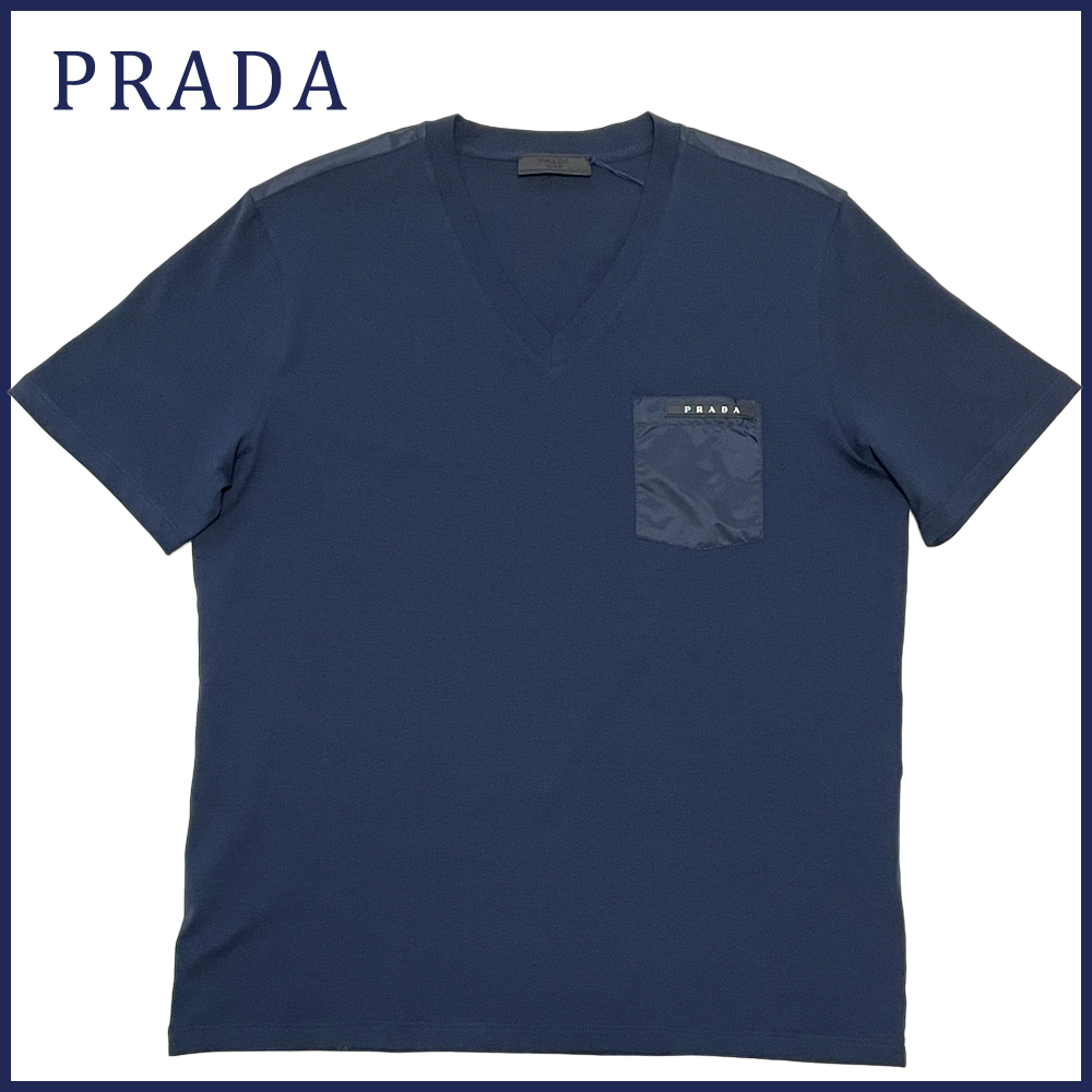 新品プラダPRADAメンズ異素材mix VネックTシャツ　ネイビー#XXL●