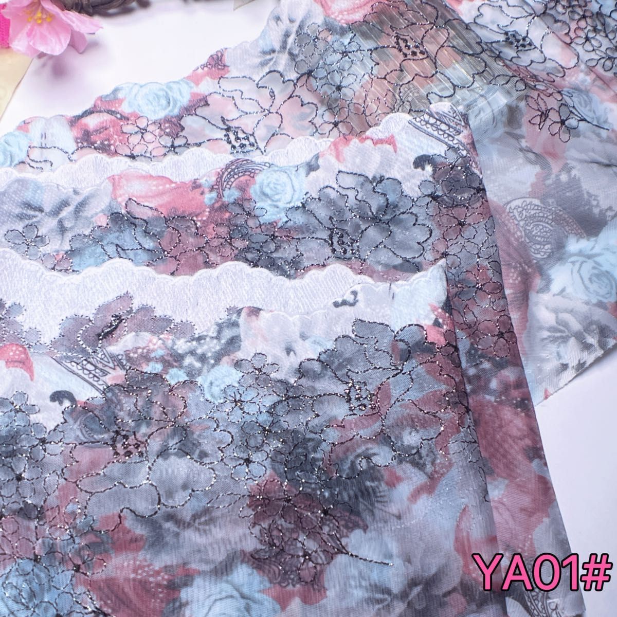 ★新品★YA01# キラキラ　薔薇　プリント　チュールレース　ハンドメイド　材料　長さ　最安値　ストール　人形　犬服