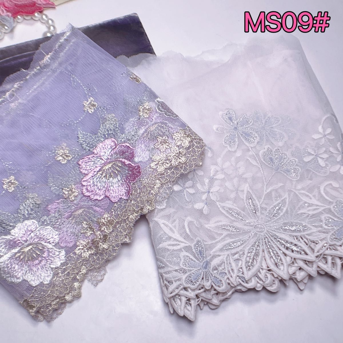 ★1点物★MS09# 国産　キラキラ　ケミカル　花柄　刺繍　チュールレース　材料　ハギレ　人形　ドール　リカちゃん　犬服　ペット服