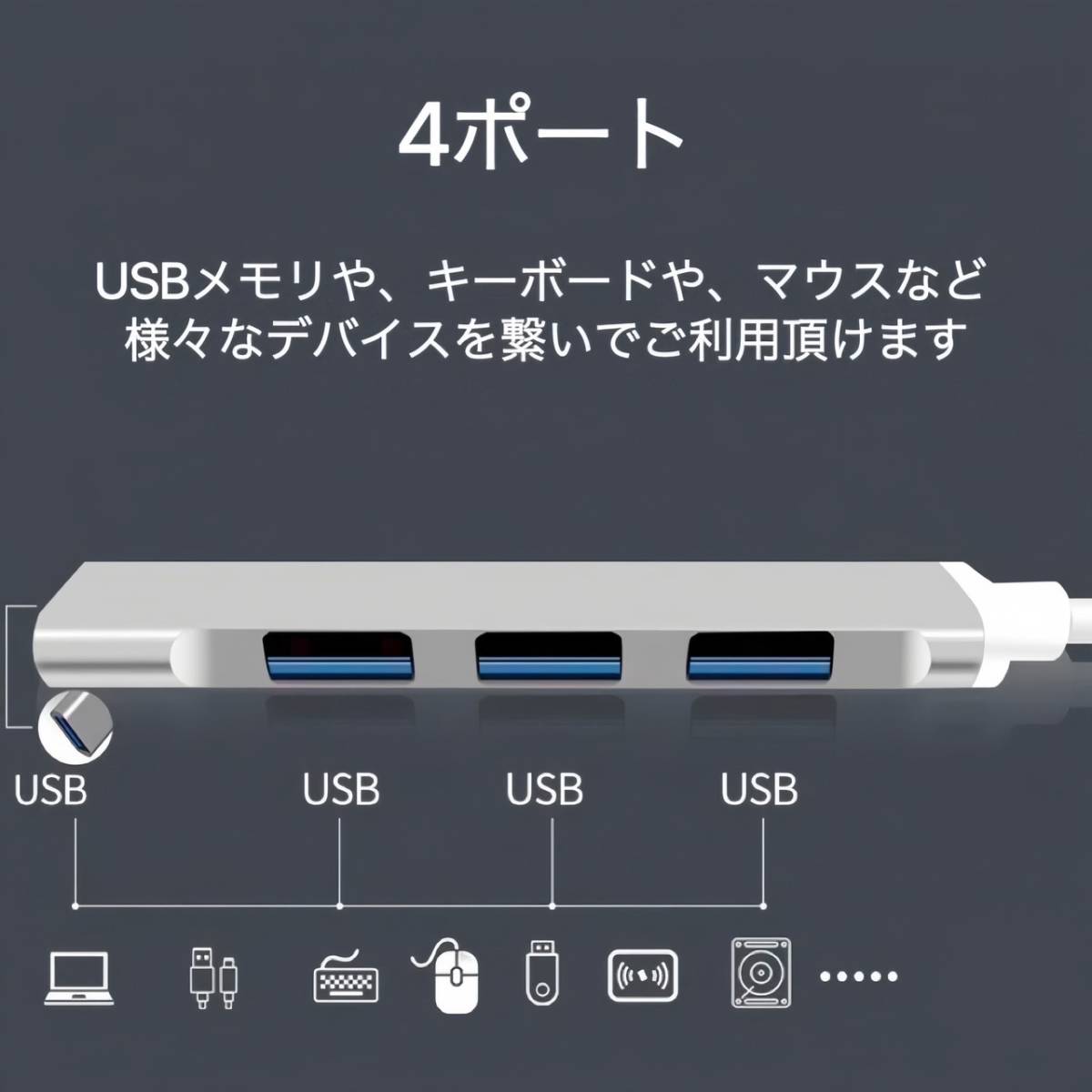 USBハブ 4ポート USB ハブ USB HUB 高速 USB3.0 ケーブル 10cm ディープグレー コンパクト ノートPCの画像3