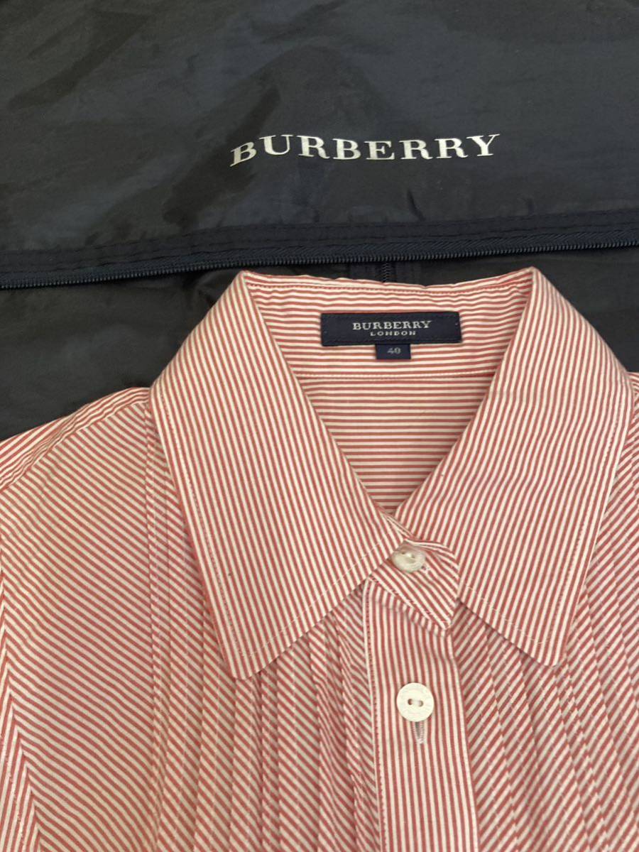 【春秋】BURBERRYLONDON バーバリーロンドン レディース40 七分袖ブラウス 七分袖シャツ ノバチェック ストライプ 赤 替えボタン有り