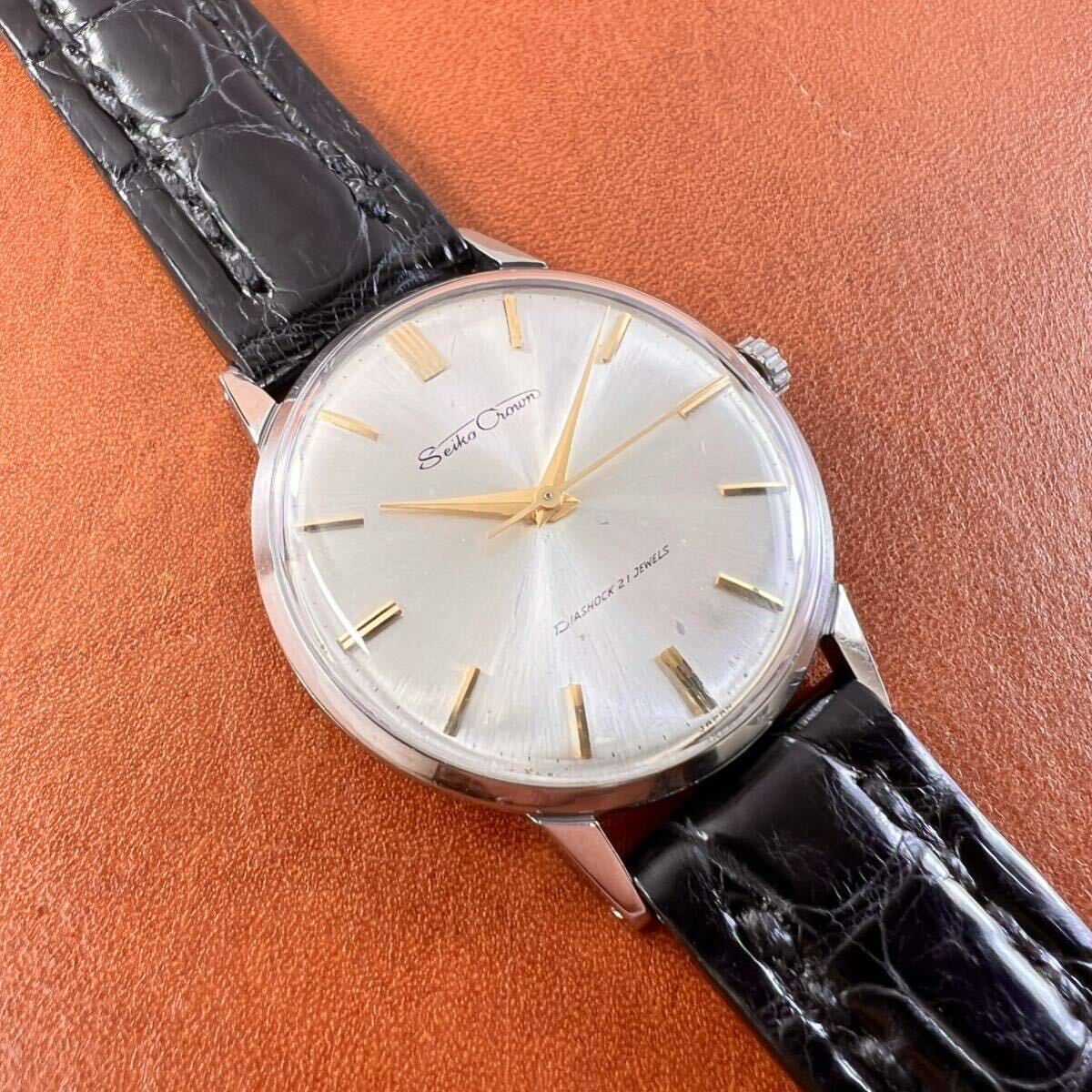 OH済! 極美品! SEIKO Crown 21石 クロコダイル本革 手縫いベルト Dバックル付 セイコー クラウン 15002 SS 手巻き 国産 ビンテージ 腕時計_画像3