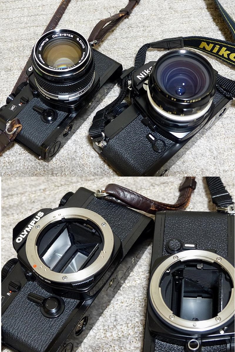 ニコンの古いカメラ.FM.レンズ日本光学.3.5.28mm.オリンパスの古いカメラ.OM-1.1.4.50mm.ワインダ-2とテレ付きです_画像4
