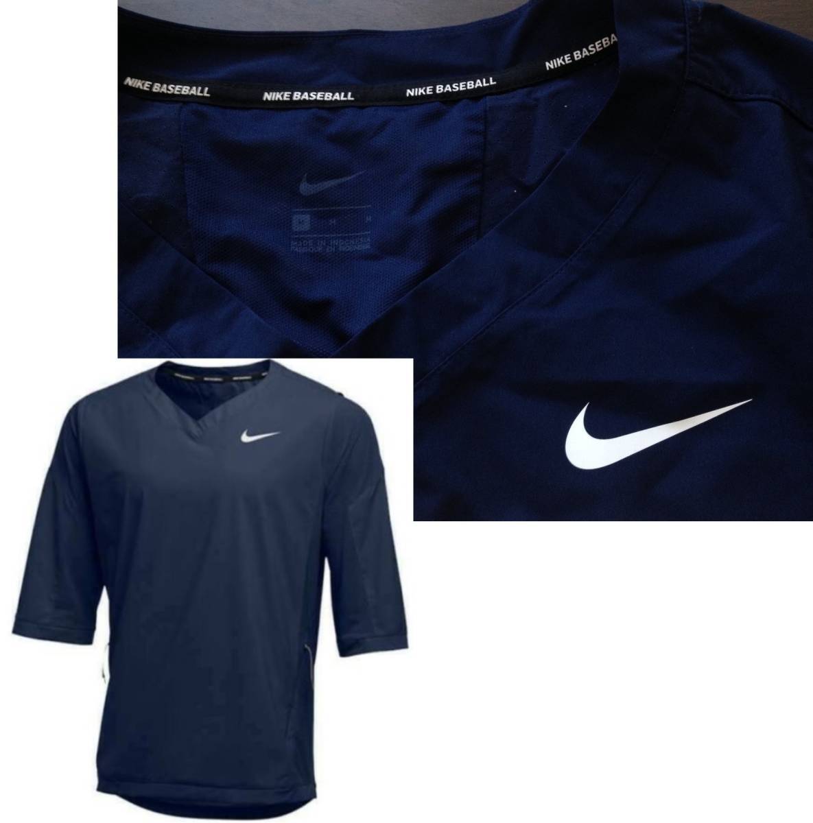 【既決USA】NIKE ・ナイキ@胸元【NIKE.】ロゴ入野球七分袖VネックJKT【NIKE Men's Team Lightweight Baseball 3/4 Sleeve Hot Jacket】紺@L_画像1