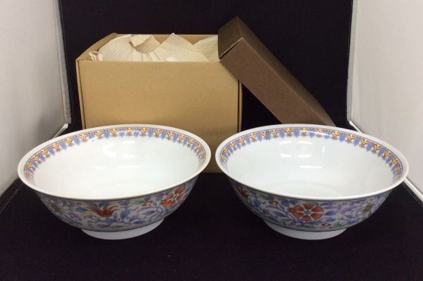 未使用 保管品 大昭和龍峰製 五彩牡丹 高台中華丼揃 2客 セット 直径20cm 高さ10cm ラーメン鉢 中華 食器 皿 花柄 中国 椀 器 菅50349465の画像1