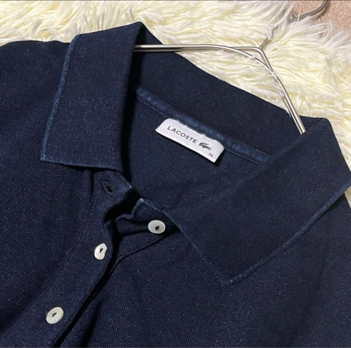 LACOSTE ラコステ ロング ポロシャツ ワンピース フレア ベルト Aライン ロゴ ワンポイント 刺繍 青 コットン 綿 S