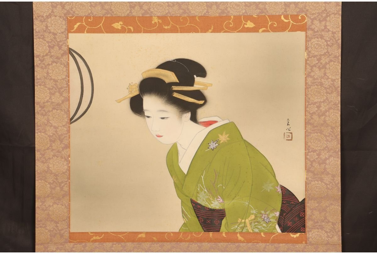 [URA] Nakamura .. work / silk pcs hold axis / beauty picture / approximately 143cm/ also box /4-3-178 ( search ) antique / beauty picture / Mai ./ woman /.. axis / picture / woodcut / Japanese picture / ukiyoe / paper ./ tea ./ old .