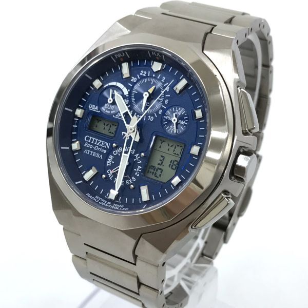 CITIZEN シチズン ATTESA アテッサ Eco-Drive エコドライブ 腕時計 U600-T011128 電波ソーラー ラウンド ブルー シルバー TITANIUM 動作OK_画像3