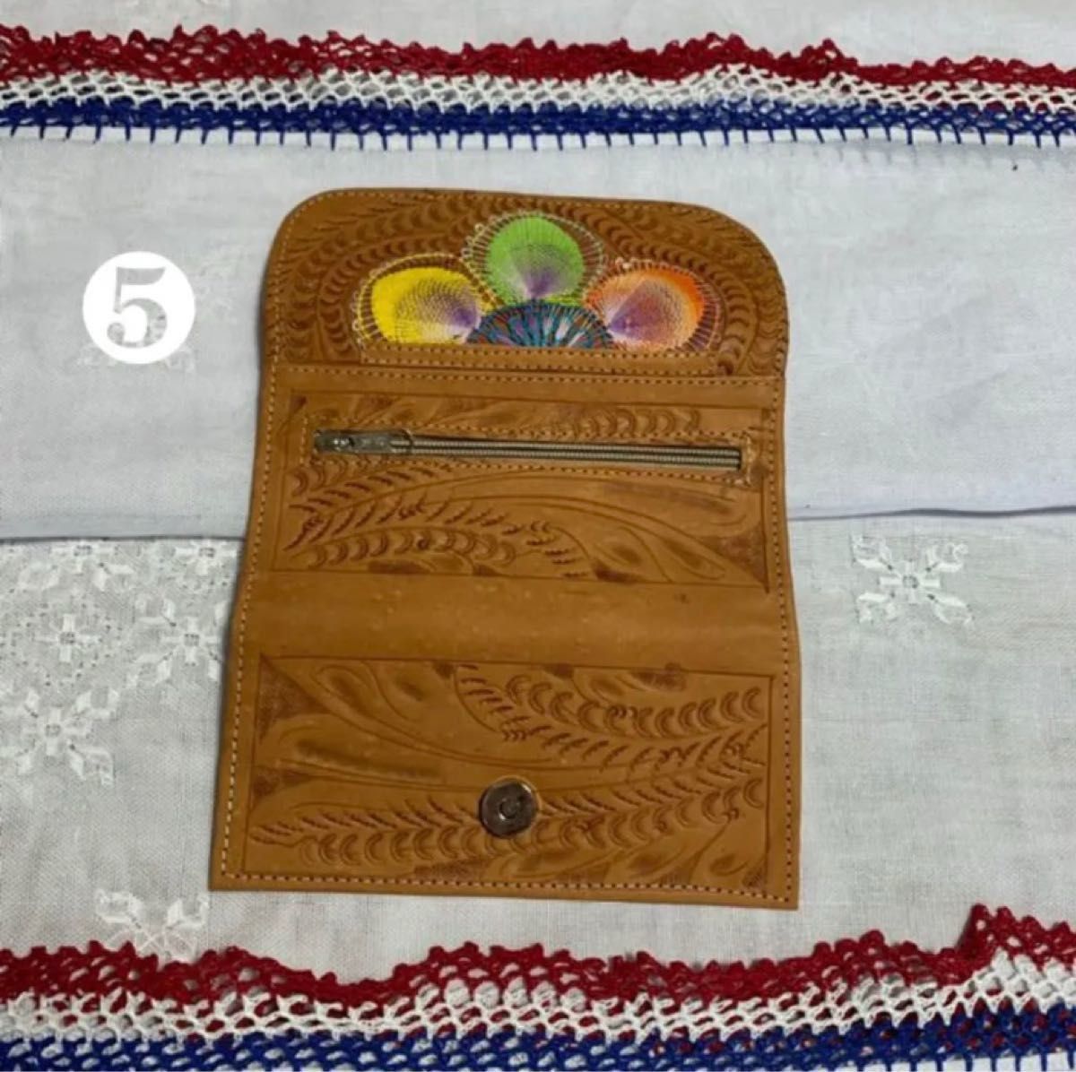 牛皮　長財布　パラグアイニャンドゥティ織物付き　革製品