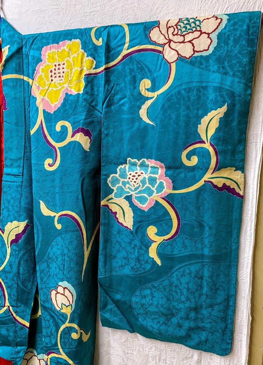 1040B/ античный Taisho роман женщина кимоно с длинными рукавами кимоно пастель голубой земля .. Tang . вышивка retro модный Ремейк-материал старый ткань замечательная вещь 