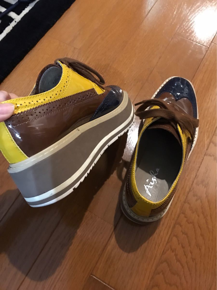 本革厚ソールデザイン紐靴黄色ブルー22.5cm_画像4