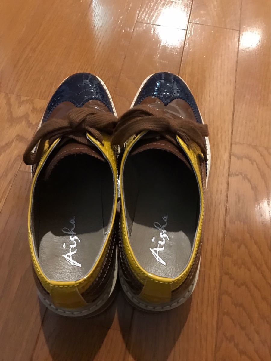本革厚ソールデザイン紐靴黄色ブルー22.5cm_画像3