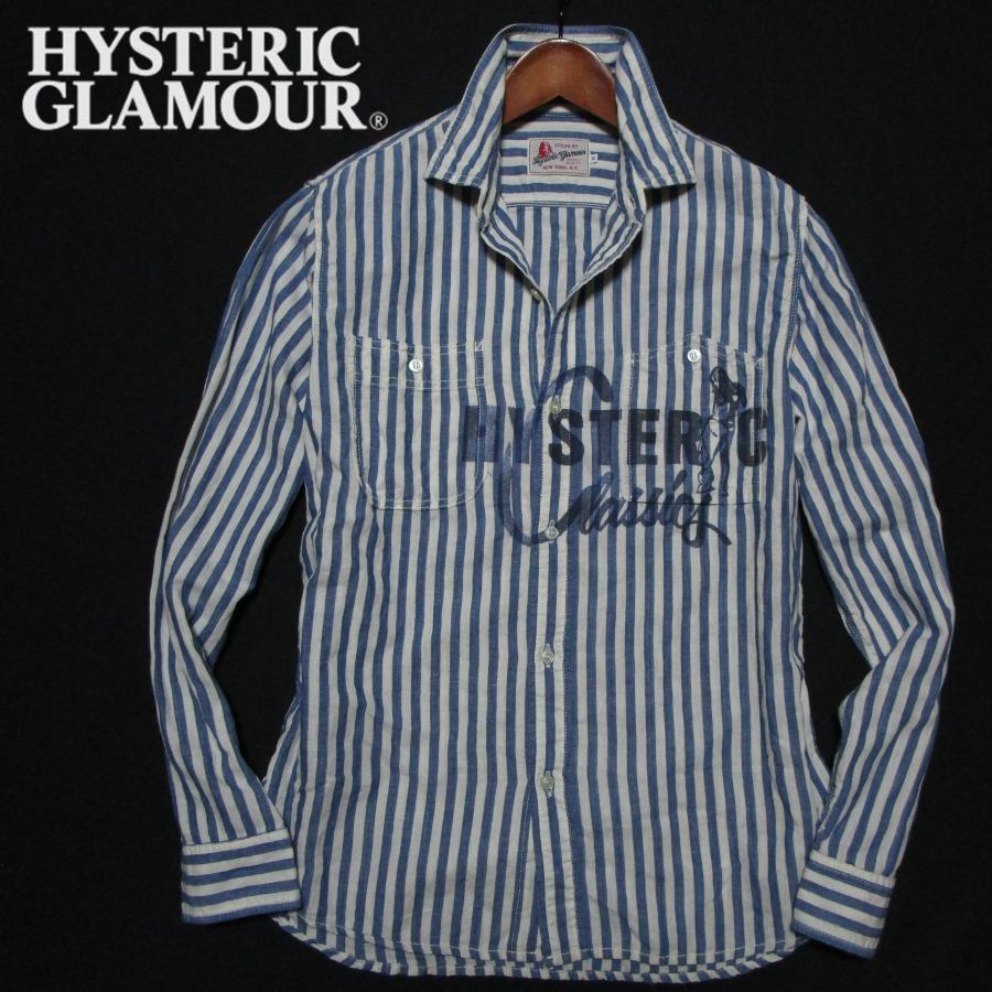 [ Hysteric Glamour ] indigo stripe long sleeve shirt his girl print size M HYSTERIC GLAMOUR Ozone Community 