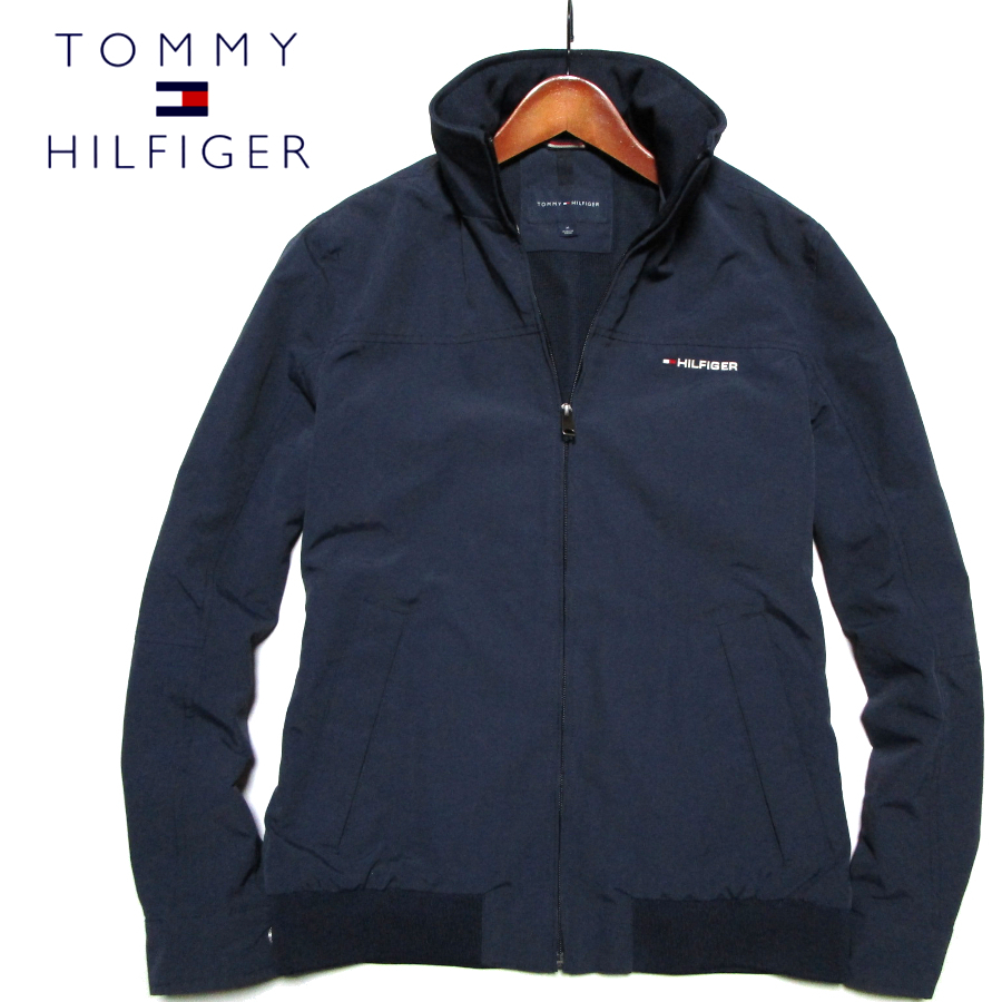 【トミーヒルフィガー】 スタンドカラー ジップジャケット フード格納 ナイロンツイル ネイビー サイズM 衿ロゴ TOMMY HILFIGERの画像1