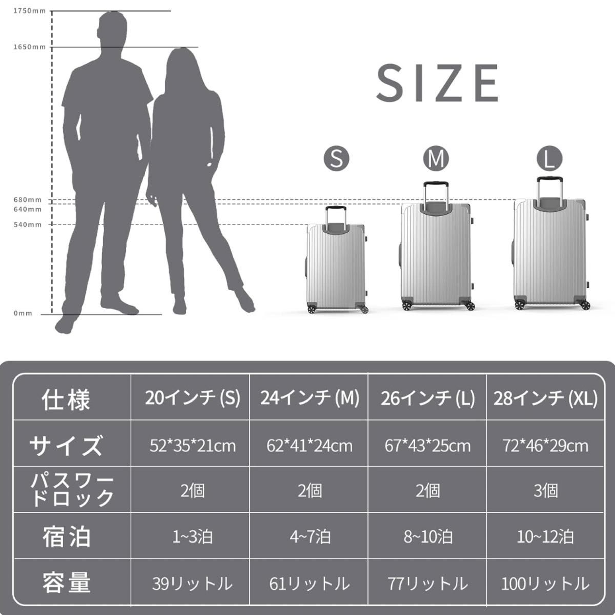 スーツケース キャリーバッグ 2つセット 軽量 耐衝撃 機内持ち込み シルバー キャリーケース 親子セット