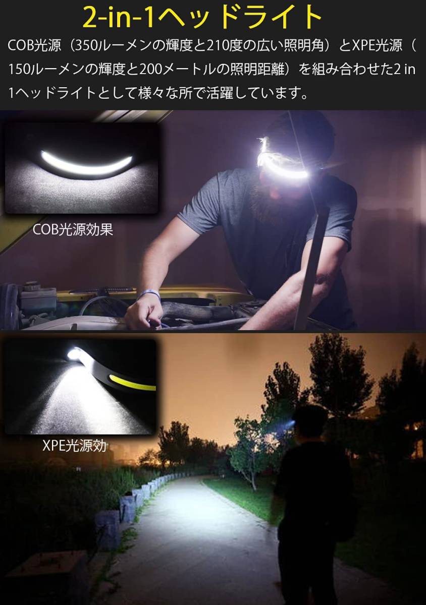【軽量センサー 2個セット】ヘッドライト LED 充電式 ヘッドランプ 5アウトドア用ヘッドライト IPX4防水 防塵￥ ヘッド ライト 釣り の画像2