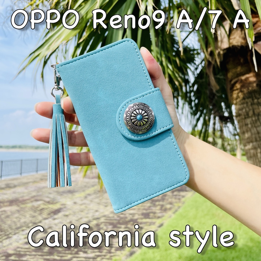 OPPO Reno9 A/7 A レザーケース☆フリンジ/スエード&コンチョ☆オッポ手帳型カバー☆_画像1