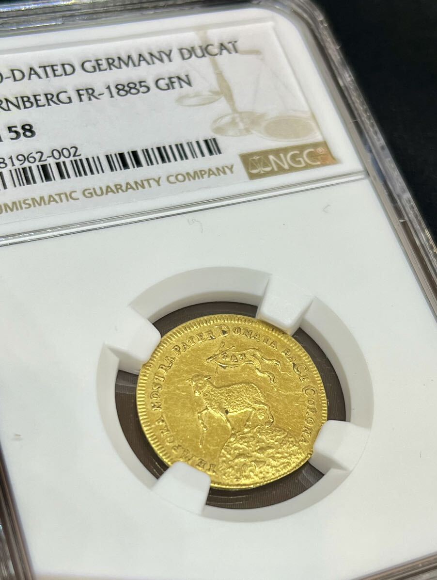 【入手困難品】 1700 ドイツ ニュルンベルク ラムダカット金貨 地球に乗る羊NGC AU58 エリザベス ウナとライオンコインではない_画像1