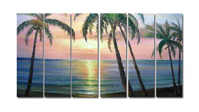 格安販売中 【受注制作】アートパネル　『海辺の椰子』　25x80cm x 6枚組　肉筆　ハワイ　南国　ビーチ 自然、風景画